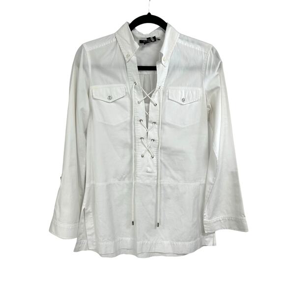 Etcetera White Front Lace Up Long Sleeve Cotton Blend Shirt 4 - Picture 1 of 5